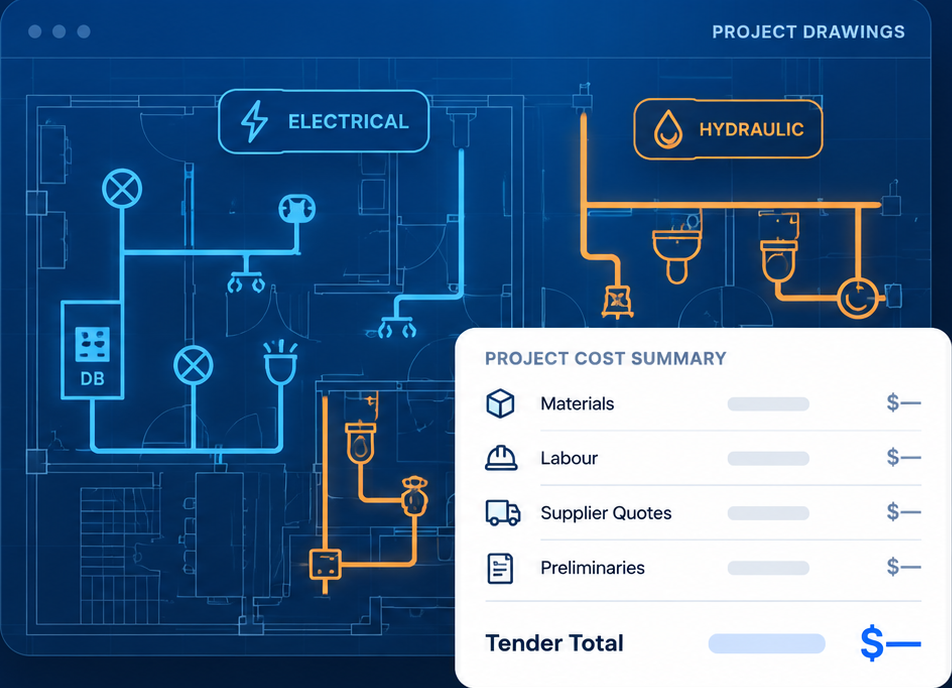 Electrical and hydraulic estimating takeoff and project cost summary